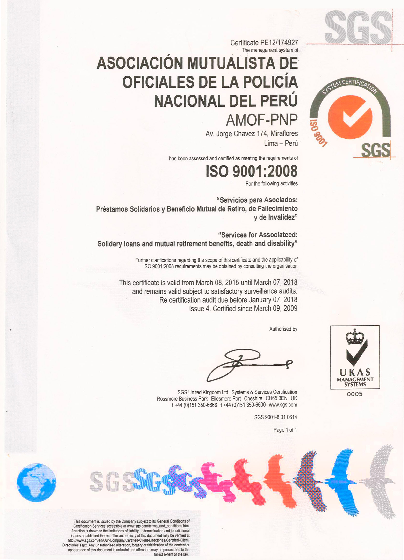 Certificación ISO 2015 AMOF-PNP General Adolfo Mattos Vinces